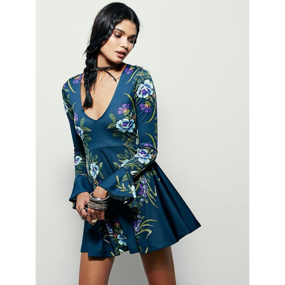 Free People Floral Long Sleeve Dress - Teal and Lavender